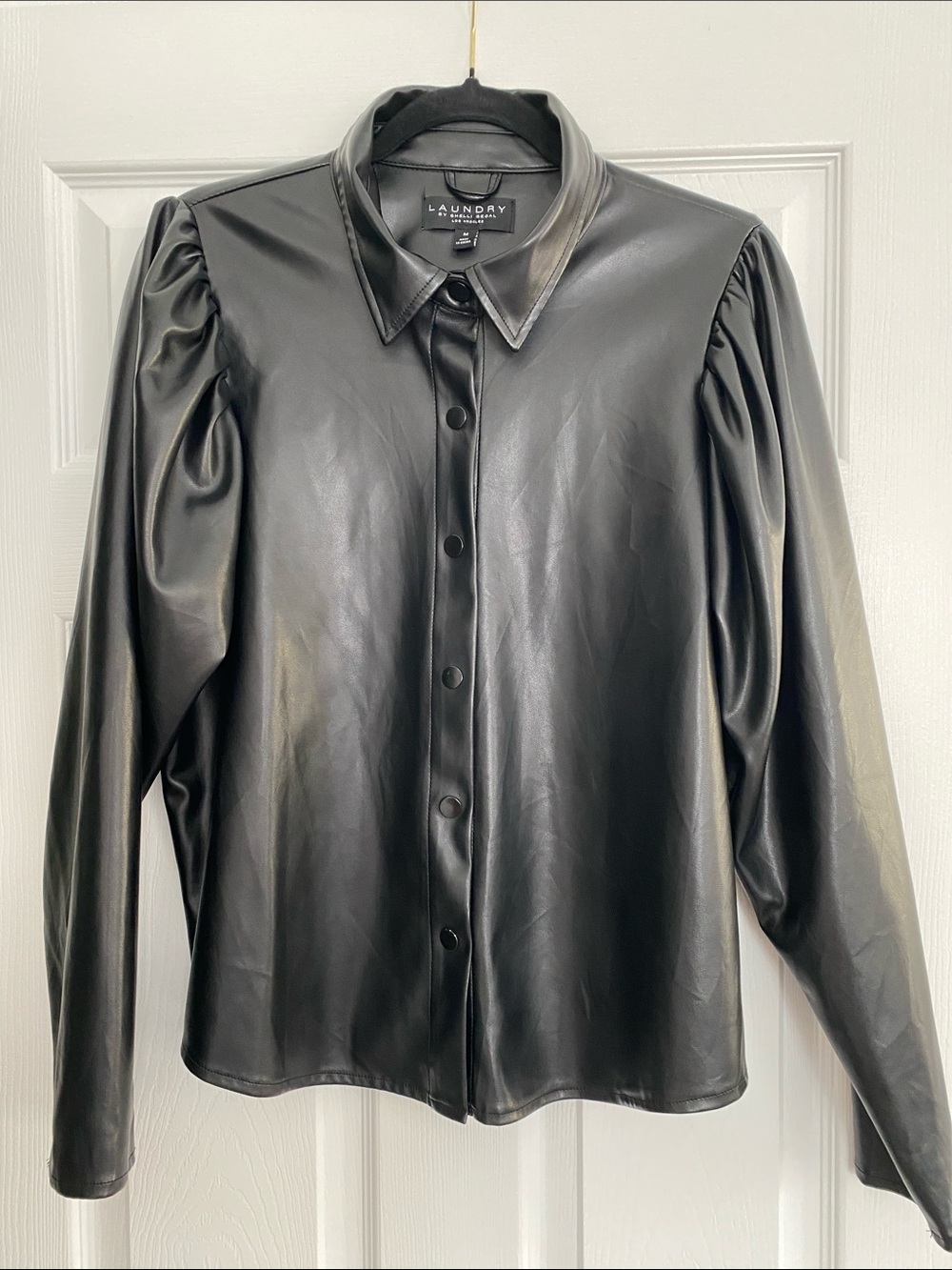 Laundry By Shelli Segal Black Faux Leather Puff-Sleeve Button Shirt Size Medium